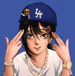  1girl black_eyes black_hair blue_background blue_headwear bracelet chain_necklace chainsaw_man dababy_(rapper) finger_gun finger_gun_to_head hair_between_eyes hair_ornament hairclip hat higashiyama_kobeni highres jewelry looking_at_viewer meme mole mole_under_eye necklace shirt signature simple_background smile solo upper_body watch white_shirt wristwatch yuevuo 