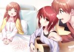  1boy 2girls absurdres angel_beats! bed brown_eyes brown_hair guitar happy highres hospital_bed instrument iwasama_masami long_hair multiple_girls non-web_source otonashi_hatsune otonashi_yuzuru pajamas short_hair signature smile zen_(kamuro) 