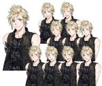  1boy arm_ribbon arms_behind_back bangs bare_shoulders black_ribbon black_shirt black_vest blonde_hair blue_eyes blush closed_eyes expressions final_fantasy final_fantasy_xv freckles frown looking_at_viewer male_focus multiple_views nishita parted_lips portrait print_shirt prompto_argentum ribbon shirt short_hair sleeveless sleeveless_shirt smile solo sweat swept_bangs upper_body vest white_background 
