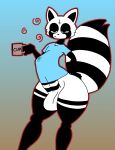  absurd_res anthro big_penis black_body bottomless clothed clothing erection erection_under_clothing genitals half-closed_eyes hi_res male mammal mug multicolored_body narrowed_eyes penis procyonid raccoon rex_raccoon_(rexon02) rexon02 small_waist solo thick_thighs tired_eyes two_tone_body white_body wide_hips 