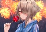  1girl absurdres alternate_eye_color bangs blue_kimono blurry blurry_background brown_hair candy_apple closed_mouth fireworks food hair_bun hair_over_one_eye highres holding holding_food honkai_(series) honkai_impact_3rd japanese_clothes kimono long_bangs long_sleeves looking_at_viewer match_(scp115) mole mole_under_eye night night_sky outdoors red_eyes rita_rossweisse short_hair single_hair_bun sky smile solo summer_festival upper_body yukata 