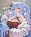  1girl bare_shoulders blue_hair breasts catura_(granblue_fantasy) cleavage draph granblue_fantasy highres horns jacket large_breasts long_hair long_sleeves looking_at_viewer marulire orange_eyes pointy_ears solo twintails white_horns white_jacket 