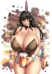  absurdres alcohol animal_ears bar_(place) beer beer_mug borrowed_character breasts broken broken_chain brown_leotard chain chinese_zodiac counter cuffs cup curvy erkaz fake_animal_ears glasses highres huge_breasts leotard long_hair mistimagi_(character) mug original playboy_bunny rabbit_ears thick_thighs thighs wrist_cuffs year_of_the_rabbit 