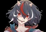  1girl absurdres black_background black_hair dress hair_between_eyes highres horns kawayabug kijin_seija looking_at_viewer multicolored_hair open_mouth portrait red_eyes red_hair short_hair simple_background solo streaked_hair tongue tongue_out touhou white_dress white_hair 