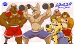  absurd_res animal_humanoid anthro bear bongo_(dad) boris_(dad) boxing father father_and_child felid group gym hi_res humanoid joseph_(tiger) kyllo_and_bongo lagomorph leporid lionbear male male/male mammal mammal_humanoid muscular muscular_anthro muscular_male nipples pantherine parent parent_and_child rabbit sport tattoo tiger yasser yasser_(lionbear) yokan_(rabbit) 