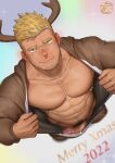  1boy 2023 abs antlers bara bare_pectorals blonde_hair erection facial_hair highres hiroki_bzdsk large_pectorals male_focus male_pubic_hair merry_christmas muscular muscular_male navel nipple_piercing nipples nose_piercing open_clothes original pectorals penis piercing pubic_hair reindeer_antlers short_hair smile solo stubble 