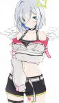  1girl amane_kanata angel_wings arm_under_breasts asymmetrical_bangs asymmetrical_hair bangs belt black_choker black_shorts black_tank_top blue_eyes blue_hair blush bob_cut choker colored_inner_hair cosplay covering crop_top cropped_jacket embarrassed feathered_wings flat_chest grey_hair hair_over_one_eye halo highres hololive jacket kusunoki_(gwzx5574) long_sleeves looking_at_viewer midriff mini_wings multicolored_hair navel o-ring o-ring_choker off_shoulder short_hair short_shorts shorts single_hair_intake solo star_halo streaked_hair tank_top thigh_strap tokoyami_towa tokoyami_towa_(cosplay) virtual_youtuber white_jacket white_wings wings 