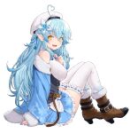 1girl :d absurdres blue_hair blue_nails boots breasts brown_footwear fingernails flower hair_between_eyes hair_flower hair_ornament highres hololive kazuma_muramasa large_breasts long_hair looking_at_viewer nail_polish open_mouth pointy_ears simple_background sitting smile solo virtual_youtuber white_background white_headwear yellow_eyes yukihana_lamy 