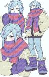  1boy blue-footed_booby blue_eyes blue_hair blue_mittens blue_pants boots closed_eyes fur-trimmed_boots fur_trim gray_fullbuster grusha_(pokemon) hand_up hands_in_pockets highres inocheese jacket long_hair long_sleeves male_focus mittens multiple_views pants pokemon pokemon_(game) pokemon_sv scarf scarf_over_mouth solo striped striped_scarf two-tone_scarf yellow_jacket 