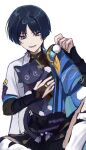  1boy animal animal_ears arm_armor arm_up bangs belt black_belt black_bow black_shirt black_shorts black_socks blue_gemstone blue_hair blue_vest blunt_ends bow cat cat_ears cat_tail collarbone dark_blue_hair fingernails gem genshin_impact gold hand_up hands_up highres holding hug jewelry leaf leg_warmers looking_at_another looking_down looking_to_the_side male_focus mandarin_collar necklace no_headwear no_mouth official_alternate_costume open_clothes open_mouth open_vest parted_bangs pom_pom_(clothes) purple_belt purple_eyes purple_fur red_eyeliner ring scaramouche_(cat)_(genshin_impact) scaramouche_(genshin_impact) shirt short_hair short_sleeves shorts simple_background sitting sleeveless sleeveless_shirt smile socks tail tassel teeth tongue two-tone_vest vest vision_(genshin_impact) wanderer_(genshin_impact) white_background white_vest yuqi0_0 