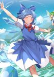  2girls animal blue_bow blue_dress blue_hair blush bow cirno closed_eyes collared_shirt daiyousei daweykun detached_wings dress fairy fairy_wings frog frozen_frog green_eyes green_hair grin hair_bow highres ice ice_wings long_hair multiple_girls outstretched_arms puffy_short_sleeves puffy_sleeves shirt short_hair short_sleeves side_ponytail smile spread_arms touhou twitter_username white_shirt wings 
