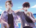  2boys absurdres arm_up bag bangs bell black_hair black_pants black_shirt blonde_hair blue_eyes bottle closed_mouth collarbone cowboy_shot cup day drinking_straw drinking_straw_in_mouth earrings grey_shirt hair_between_eyes hair_bun hair_pulled_back hanemiya_kazutora highres holding holding_bottle holding_cup jewelry male_focus matsuno_chifuyu medium_hair multicolored_hair multiple_boys neck_tattoo outdoors pants razu_re0824 shirt short_hair short_sleeves shoulder_bag single_earring smile standing tattoo tokyo_revengers two-tone_hair yellow_eyes 