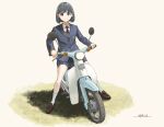  1girl black_hair blazer blue_eyes eniwa_shii grass ground_vehicle highres honda_super_cub horikou jacket medium_hair mole mole_under_eye motor_vehicle necktie riding school_uniform scooter simple_background smile solo super_cub 