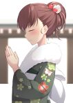  1girl akahi242 blush brown_hair closed_eyes closed_mouth fingernails floral_print from_side fur-trimmed_kimono fur_trim green_kimono highres japanese_clothes jewelry kantai_collection kimono long_sleeves official_alternate_costume ooi_(kancolle) print_kimono ring solo upper_body wedding_ring wide_sleeves 