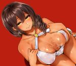  1girl after_paizuri armlet azur_lane bare_shoulders black_hair blush breasts brown_eyes closed_mouth collarbone commentary_request covered_nipples cum cum_on_body cum_on_breasts dark-skinned_female dark_skin dress earrings evening_gown from_above hair_between_eyes hair_over_shoulder jewelry large_breasts light_smile long_hair looking_at_viewer looking_down mitsugi official_alternate_costume red_background sideboob simple_background sleeveless sleeveless_dress solo south_dakota_(azur_lane) south_dakota_(solo_concert)_(azur_lane) white_dress white_footwear 