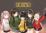  5girls aged_down anti-rain_(girls&#039;_frontline) casual closed_eyes commentary crying eyepatch girls&#039;_frontline happy headpat headset hood hooded_jacket jacket junsuina_fujunbutsu m16a1_(girls&#039;_frontline) m4_sopmod_ii_(girls&#039;_frontline) m4a1_(girls&#039;_frontline) multicolored_hair multiple_girls ro635_(girls&#039;_frontline) shorts skirt st_ar-15_(girls&#039;_frontline) streaked_hair twintails 