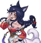  1girl ahri_(league_of_legends) animal_ears bangs bare_shoulders bespectacled black_hair braid breasts cleavage detached_sleeves facial_mark fox_ears fox_tail glasses hand_up korean_clothes large_breasts league_of_legends long_hair looking_at_viewer multiple_tails phantom_ix_row round_eyewear shiny_hair smile solo tail whisker_markings yellow_eyes 