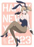  1girl 2023 animal_ears black_gloves blue_eyes blue_leotard bow bowtie breasts cleavage collar f-14_tomcat fake_animal_ears fake_tail gloves happy_new_year headphones high_heels highres intrepid_(kancolle) kantai_collection large_breasts leotard light_brown_hair looking_at_viewer one_eye_closed open_mouth pantyhose playboy_bunny ponytail rudder_footwear smile tail tamu_(mad_works) wrist_cuffs 