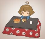  1boy ace_attorney ace_attorney_investigations ace_attorney_investigations_2 ahoge bangs brown_eyes brown_hair chibi food fruit ichiyanagi_yumihiko kotatsu long_sleeves male_focus mandarin_orange numae_kaeru short_hair simple_background skull_print solo table under_kotatsu under_table 