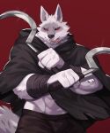  2023 abs absurd_res anthro bandage bandaged_arm black_bottomwear black_cloak black_clothing black_pants black_sclera bottomwear canid canine canis cloak clothing death_(puss_in_boots) digital_media_(artwork) dreamworks dual_wielding fangs fluffy fluffy_tail fur grey_body grey_fur hi_res holding_object holding_sickle holding_weapon licking licking_lips male male_anthro mammal muscular muscular_anthro muscular_male open_mouth pants puss_in_boots_the_last_wish red_background red_eyes sharp_teeth sickle simple_background solo standing tail teeth teeth_showing tongue tongue_out weapon white_body white_fur wolf yed 