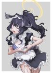  1girl alternate_costume ama_doooo animal_ears bangs black_dress black_hair blue_archive blue_eyes breasts bright_pupils cleavage collar dog_ears dog_girl dress english_commentary enmaided fang fishnets grey_background halo heart heart_hands hibiki_(blue_archive) highres looking_at_viewer maid maid_headdress medium_breasts medium_hair name_tag open_mouth petticoat ponytail sidelocks simple_background solo standing white_pupils 