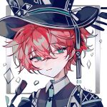  1boy artist_name blue_necktie closed_mouth collared_shirt expressionless facing_viewer green_eyes hat highres kay1205177934 looking_to_the_side male_focus necktie original red_hair shirt short_hair solo top_hat white_background 