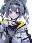  1girl absurdres bangs blue_hair chain highres jacket long_sleeves looking_at_viewer mentally_deficient nijisanji open_clothes open_jacket open_mouth purple_eyes simple_background sleeves_past_wrists smile solo teeth upper_body upper_teeth_only virtual_youtuber white_background zaion_lanza 