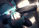  1girl absurdres aiming aqua_eyes aqua_hair bullet_hole finger_on_trigger fingerless_gloves gloves gun handgun hatsune_miku headphones highres holding holding_gun holding_weapon kinosuke_(pattaba) long_hair m1911 nail_polish solo twintails vocaloid weapon 