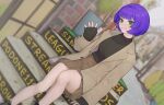  1girl black_shirt blurry blurry_background bob_cut brown_skirt coat depth_of_field dutch_angle green_eyes grey_coat grin highres indie_virtual_youtuber long_sleeves looking_at_viewer open_clothes open_coat podone purple_hair shirt shoes short_hair signature sitting sitting_on_stairs skirt sleeves_past_wrists smile solo sparrowl stairs waving 