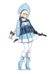  1girl absurdres an-94 an-94_(girls&#039;_frontline) assault_rifle blonde_hair blue_footwear blue_headwear blue_skirt boots bow braid contrapposto dress fur-trimmed_boots fur_trim girls&#039;_frontline gun hair_bow hat high_heel_boots high_heels highres j_adsen load_bearing_vest long_hair looking_at_viewer pantyhose parted_lips pom_pom_(clothes) pouch rifle short_dress simple_background skirt snegurochka_(mythology) solo transparent_background weapon white_pantyhose 