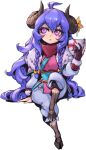  1girl ahoge bangs braid brown_gloves flower fur_trim gloves grey_pants holding holding_mask hooves horn_flower horns japanese_clothes kimono kindred_(league_of_legends) knee_up lamb_(league_of_legends) league_of_legends long_hair long_sleeves mask mask_removed orange_flower pants phantom_ix_row purple_hair sheep_girl shiny_hair sideways_glance sitting solo spirit_blossom_kindred twin_braids 