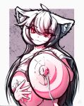  1girl :3 absurdres ahoge animal_ears breasts clothes_lift floofsmear fox_ears hair_between_eyes hand_on_own_chest head_tilt highres huge_breasts lactation large_areolae large_breasts long_hair looking_at_viewer puffy_nipples red_eyes self_upload shirt shirt_lift signature simple_background smug solo upper_body white_background white_hair white_shirt 