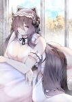  1girl absurdres animal_ears armband august_von_parseval_(azur_lane) azur_lane bangs blue_sky blush breasts brown_hair cleavage closed_mouth cloud commentary_request day dress fake_animal_ears grey_eyes hair_over_one_eye highres horns indoors kneehighs large_breasts leaf long_hair looking_away no_panties samip sidelocks sky socks solo thighhighs thighs tree very_long_hair white_dress white_thighhighs window 