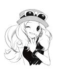  1girl blush bracelet commentary eyelashes eyewear_on_headwear greyscale hand_up hat jewelry long_hair mega_ring monochrome one_eye_closed pokemon pokemon_(game) pokemon_xy serena_(pokemon) shirt sleeveless sleeveless_shirt smile solo sunglasses symbol-only_commentary tyou08665851 v 