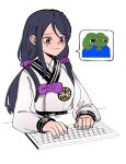  1girl apu_apustaja bad_hands black_eyes black_hair black_survival bow bowtie character_request closed_mouth crying crying_with_eyes_open hair_ornament hair_scrunchie keyboard_(computer) long_hair long_sleeves meme mnnnya pepe_the_frog pink_bow pink_bowtie scrunchie shirt simple_background solo tears typing white_background white_shirt 