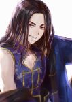  1boy baji_keisuke black_eyes black_hair blue_jacket blue_shirt chinese_clothes cleavage_cutout clothing_cutout grin highres jacket long_hair looking_at_viewer male_focus off_shoulder razu_re0824 shirt simple_background smile solo tokyo_revengers upper_body white_background 