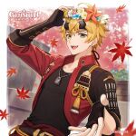  1boy bangs black_shirt blonde_hair english_commentary fake_horns fingerless_gloves genshin_impact gloves green_eyes hair_between_eyes happy_birthday head_wreath highres horns jacket leaf logo male_focus official_art open_mouth outstretched_hand shirt smile solo teeth thoma_(genshin_impact) upper_teeth_only 