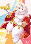  anthro asian_clothing belly bulge chinese_new_year chinese_zodiac chubby_belly chubby_male clothing east_asian_clothing flower fundoshi fur hi_res holding_object holidays japanese_clothing kemono koyo_draka lagomorph leporid male mammal markings navel new_year new_year_2023 overweight overweight_male plant rabbit solo underwear white_body white_fur year_of_the_rabbit 