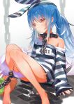  1girl animal_ears bangs blue_hair chain collar g_li highres hololive knees_up long_hair long_sleeves off_shoulder official_alternate_costume orange_eyes prison_clothes rabbit_ears sitting solo thick_eyebrows twintails usada_pekora virtual_youtuber wariza 