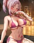  1girl arm_tattoo bikini breasts candle collarbone ear_piercing fefe_(vtuber) forehead foxyreine highres indie_virtual_youtuber large_breasts leg_tattoo navel_piercing open_mouth piercing ponytail purple_bikini purple_hair sitting solo stomach_tattoo swimsuit tattoo teeth tongue tongue_out tongue_piercing upper_teeth_only virtual_youtuber yellow_eyes 