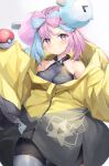  1girl bare_shoulders bike_shorts black_shorts blue_hair bow-shaped_hair breasts commentary_request gedou_(shigure_seishin) gradient gradient_background grey_background grey_pantyhose grin highres holding holding_poke_ball iono_(pokemon) jacket looking_at_viewer medium_breasts multicolored_hair pantyhose pink_hair poke_ball poke_ball_(basic) pokemon pokemon_(game) pokemon_sv short_shorts shorts single_leg_pantyhose smile solo two-tone_hair white_background yellow_jacket 