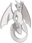  2016 anthro barefoot biped blue_eyes digital_media_(artwork) dragon eyebrows featureless_crotch feet full-length_portrait hi_res horn looking_at_viewer male neoabyss nude portrait simple_background solo spot_color tail white_background wings 