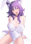  1girl absurdres animal_ear_fluff animal_ears bangs bare_shoulders blush breasts choker cleavage collarbone covered_navel highleg highleg_leotard highres large_breasts leotard looking_at_viewer makoto_(princess_connect!) medium_hair open_mouth playboy_bunny princess_connect! purple_hair rabbit_ears sidelocks sitting tail thighs white_leotard wolf_ears wolf_girl wolf_tail wrist_cuffs yamabuki0 yellow_eyes 