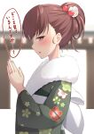  1girl akahi242 blush brown_eyes brown_hair fingernails floral_print from_side fur-trimmed_kimono fur_trim green_kimono highres japanese_clothes jewelry kantai_collection kimono long_sleeves official_alternate_costume ooi_(kancolle) open_mouth print_kimono ring solo speech_bubble translation_request upper_body wedding_ring wide_sleeves 