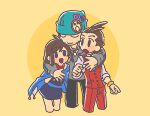  1girl 2boys :3 ace_attorney antenna_hair apollo_justice apollo_justice:_ace_attorney blue_cape blue_eyes blue_headwear bracelet brown_hair cape closed_eyes closed_mouth formal hat hug jewelry lcageki multiple_boys open_mouth pants phoenix_wright red_pants red_vest shirt short_hair smile suit trucy_wright vest 
