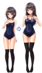  2girls age_progression arrow_(symbol) before_and_after black_hair black_one-piece_swimsuit black_thighhighs commentary_request competition_school_swimsuit full_body green_eyes highres long_hair multiple_girls one-piece_swimsuit original school_swimsuit short_hair swimsuit thighhighs yukemuriganmo 