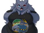  2019 4:3 anthro belly big_belly big_breasts black_body black_fur black_hair black_nose blue_eyes breasts canid canine clothed clothing eyeshadow female fur hair hi_res huge_breasts looking_at_viewer makeup mammal obese obese_anthro obese_female one_eye_closed open_mouth open_smile overweight overweight_anthro overweight_female portrait seth_(yosioka_san) shirt smile solo standing t-shirt three-quarter_portrait topwear yosioka_san 