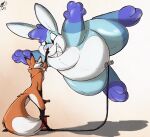  2021 air_inflation ambiguous_gender animate_inanimate anthro black_nose boop canid canine chest_tuft dipstick_ears dipstick_tail duo eye_contact fox fur gloves_(marking) green_eyes hi_res hose_inflation inflatable inflatable_toy inflation jazzy_(jazzystitch) lagomorph leg_markings leporid living_inflatable lizet looking_at_another luan mammal markings multicolored_ears nose_boop open_mouth open_smile orange_body orange_fur orange_tail pink_nose pink_tongue pump pumping rabbit sharp_teeth signature simple_background smile socks_(marking) squish standing tail tail_markings teal_body teeth tongue tuft white_tail 