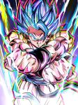  1boy baggy_pants biceps black_vest black_wristband blue_eyes blue_hair blue_sash clenched_hands closed_mouth commentary_request cowboy_shot crossed_wrists dragon_ball dragon_ball_super energy gogeta halftone highres looking_at_viewer male_focus metamoran_vest multicolored_background muscular muscular_male outstretched_arms pants sash smile smirk solo spiked_hair standing super_saiyan super_saiyan_blue ushi_(akabec0) v-shaped_eyebrows vest white_pants wristband 