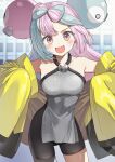  1girl :d aqua_hair bow-shaped_hair breasts commentary_request highres iono_(pokemon) jacket looking_at_viewer medium_breasts multicolored_eyes multicolored_hair nishizawa open_mouth pink_hair pokemon pokemon_(game) pokemon_sv purple_eyes sharp_teeth sleeves_past_fingers sleeves_past_wrists smile solo standing teeth two-tone_hair yellow_eyes yellow_jacket 
